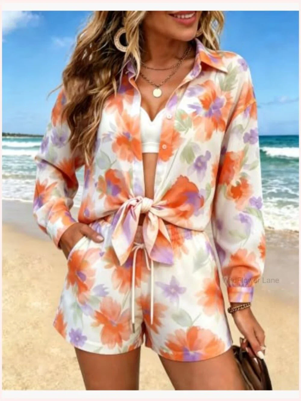 Two Piece Sets For Women Summer Sheer Long Sleeve Button Down Shirt Matching